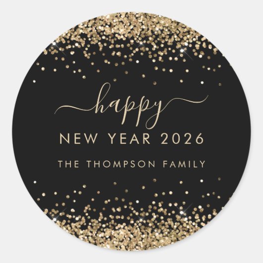 Sticker Rond Gold Parties scintillant Nom Black Happy New Year (Devant)