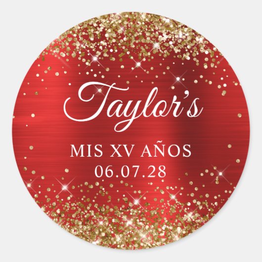 Sticker Rond Gold Parties scintillant Rouge Foil Mis XV Anos An (Devant)