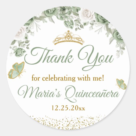 Sticker Rond Gold Quinceañera Sage Merci de la Couronne verte (Devant)
