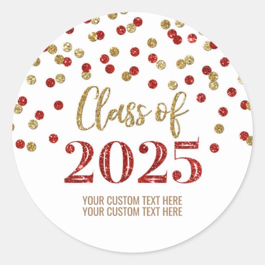 Sticker Rond Gold Red Confetti Graduation 2025 (Devant)