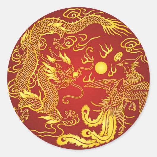 Sticker Rond Gold Red Dragon Phoenix Chinese Wedding Favor (Devant)