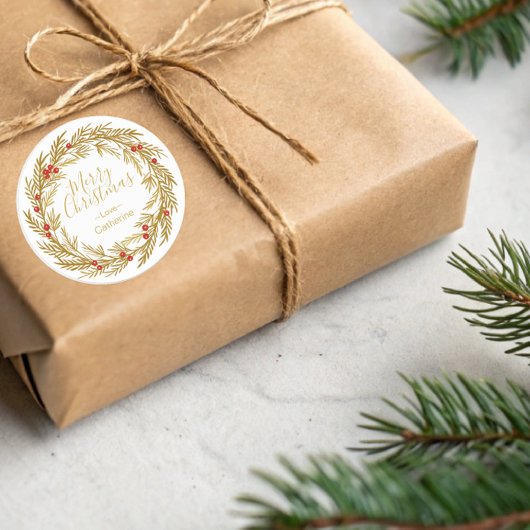 Sticker Rond Gold Red Pine Berry Christmas Werath Nom de famill