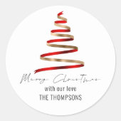 Sticker Rond Gold Red Ribbon Tree Nom Joyeux Noël (Devant)