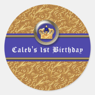Sticker Rond Gold & Royal Blue Crown fête d'anniversaire Favori