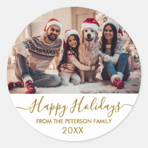 Sticker Rond Gold Script White Family Photo Joyeuses Fêtes