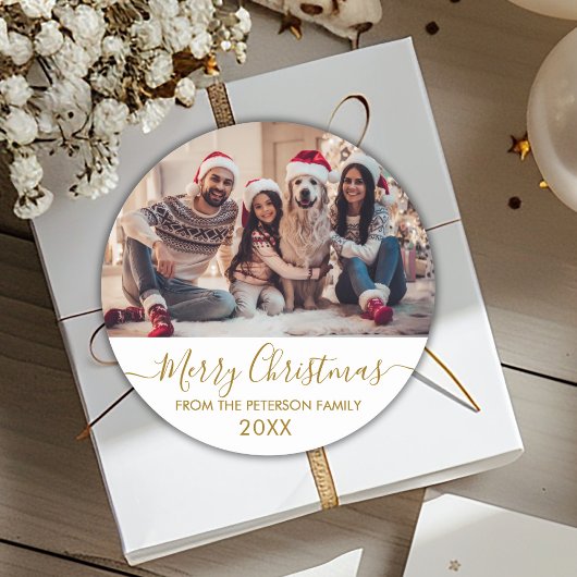 Sticker Rond Gold Script White Family Photo Joyeux Noël