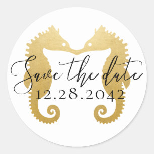 Sticker Rond Gold Seahorses Kissing Beach Wedding Enregistrer l