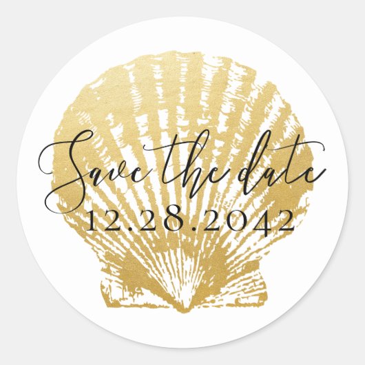 Sticker Rond Gold Seashell Beach Wedding Enregistrer la date (Devant)