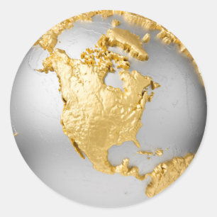 Sticker Rond Gold, Silver Globe. Amérique du Nord. Rendu 3d