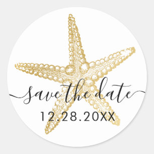Sticker Rond Gold Starfish Beach Wedding Save Date Seal