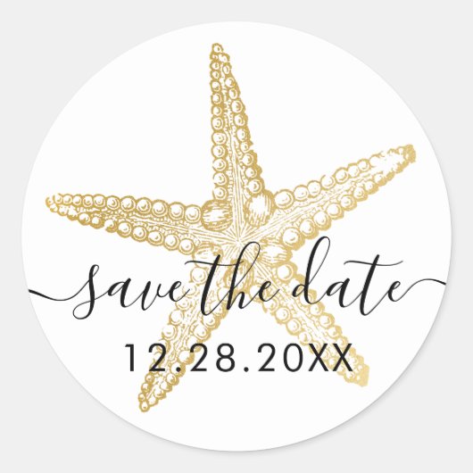 Sticker Rond Gold Starfish Beach Wedding Save Date Seal (Devant)