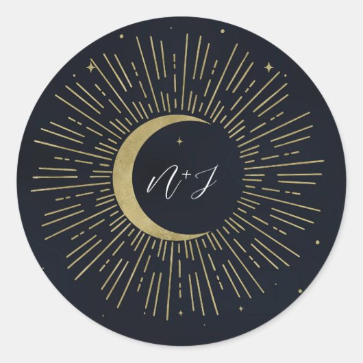 Sticker Rond Gold Stars Night Celestial Sunburst Moon Mariage (Devant)
