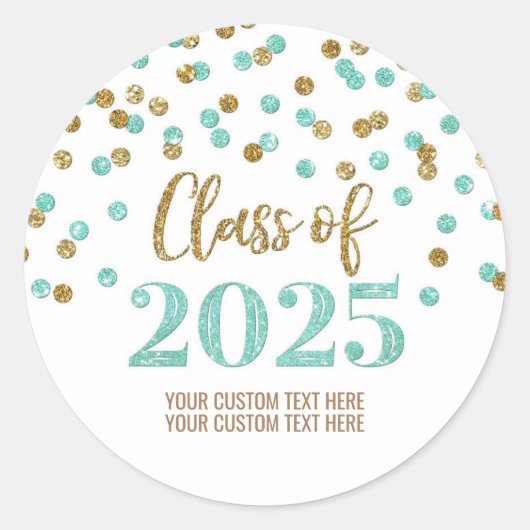 Sticker Rond Gold Turquoise Confetti Graduation 2025 (Devant)