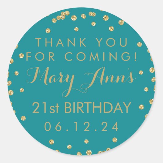Sticker Rond Gold Turquoise Merci bleu 21e anniversaire Confett (Devant)