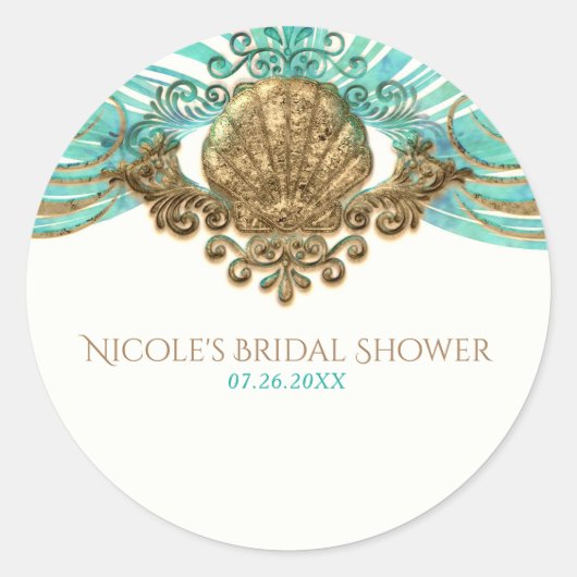 Sticker Rond Gold & Turquoise Sea Shell Glam Beach Élégant Fave (Devant)