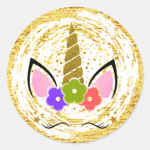 Sticker Rond Gold Unicorn Anniversaire Parties scintillant Étin