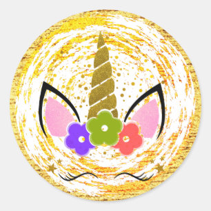Sticker Rond Gold Unicorn Anniversaire Parties scintillant Étin