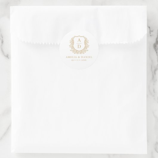 Sticker Rond Gold White Crest Moderne Monogramme Mariage (Sac)