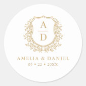 Sticker Rond Gold White Crest Moderne Monogramme Mariage (Devant)