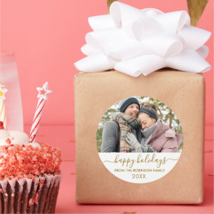 Sticker Rond Gold White Script Couple Photo Joyeuses Fêtes