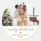 Sticker Rond Gold White Script Family Photo Joyeux Noël (Devant)