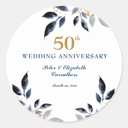 Sticker Rond Golden 50e anniversaire Mariage, or et marine (Devant)