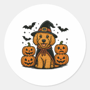 Sticker Rond Golden Doodle Halloween sorcière chauves-souris Ci