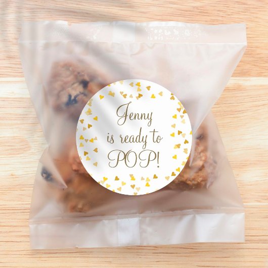 Sticker Rond Golden Hearts She's Ready to Pop Baby Shower Favor