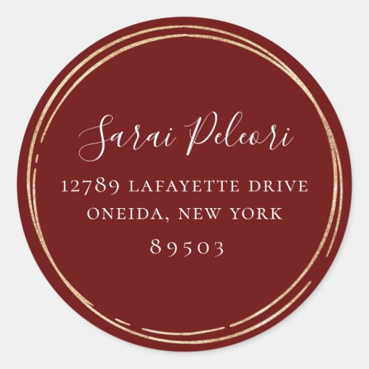 Sticker Rond Golden Hoop Frame Marsala Red Adresse de retour (Devant)