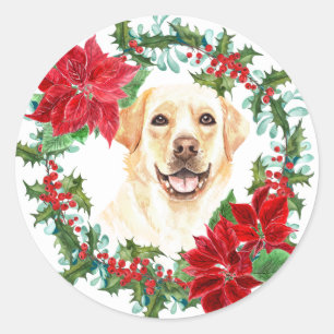 Sticker Rond Golden Lab Poinsettia Holly Wreath
