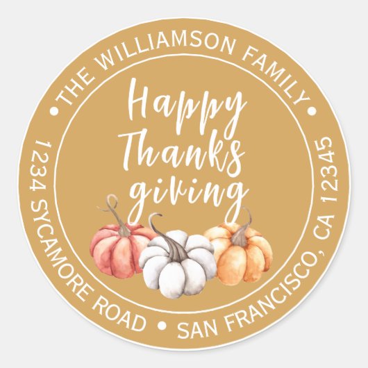 Sticker Rond Golden Pumpkin Thanksgiving Return Address (Devant)