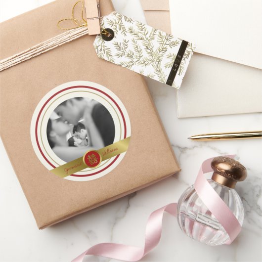 Sticker Rond Golden Red Double Happiness Photo Mariage chinois (Cadeaux)