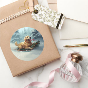 Sticker Rond Golden Retriers Noël neige hiver