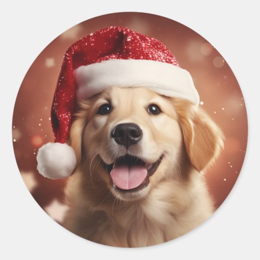 Sticker Rond Golden Retriever à Santa Hat (Devant)