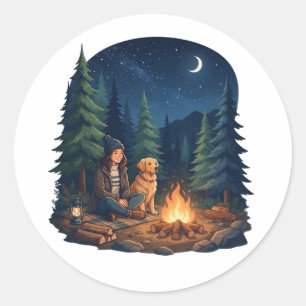 Sticker Rond Golden Retriever amateur de camping Classique