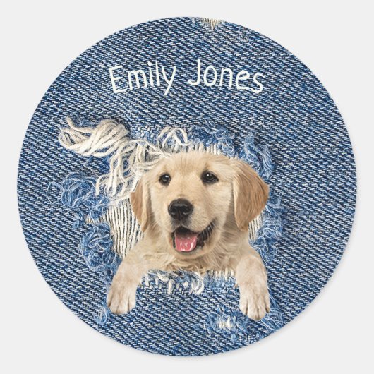 Sticker Rond Golden Retriever chien dans trou de denim bleu (Devant)