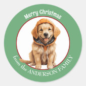 Sticker Rond Golden Retriever Chiot en hiver Noël Casquette (Devant)