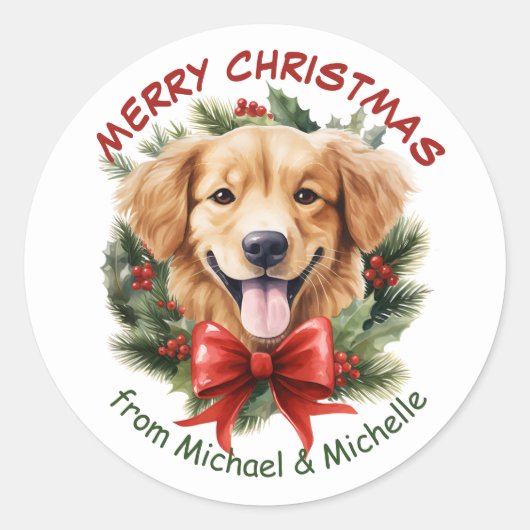 Sticker Rond Golden Retriever Chiot Noël Red Bow Wreath (Devant)