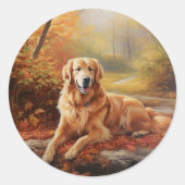 Sticker Rond Golden Retriever en automne Leaves automne Inspire (Devant)