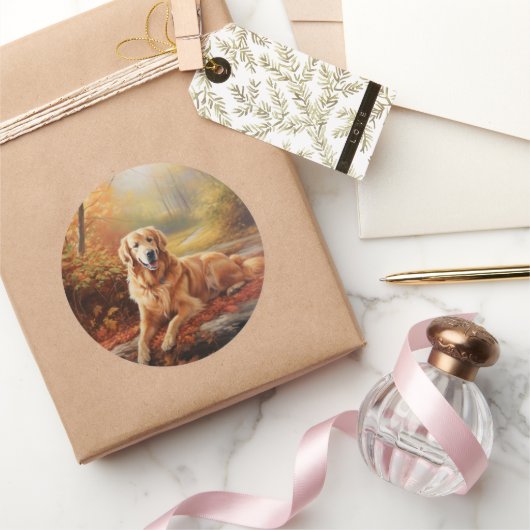 Sticker Rond Golden Retriever en automne Leaves automne Inspire (Cadeaux)