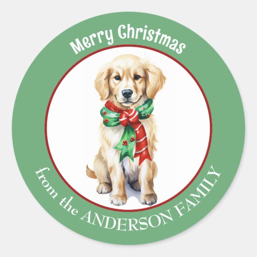 Sticker Rond Golden Retriever en rouge et vert Écharpe de Noël (Devant)