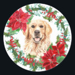 Sticker Rond Golden Retriever Poinsettia Holly Christmas Wreath<br><div class="desc">Ces jolis stickers Holiday ont une image vintage d'une fraise sainte et une couronne de poinsettia rouge. Au centre se trouve un beau portrait aquarelle d'un chien d'or Retriever. Parfait pour votre correspondance de Noël ou forfaits cadeaux!</div>