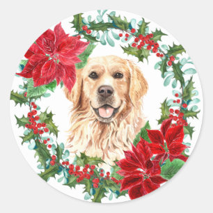 Sticker Rond Golden Retriever Poinsettia Holly Christmas Wreath