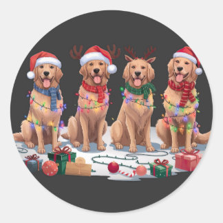 Sticker Rond Golden Retriever Santa chapeau bois elfes Noël