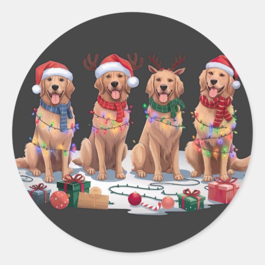 Sticker Rond Golden Retriever Santa chapeau bois elfes Noël (Devant)