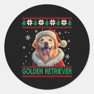 Sticker Rond Golden Retriever Santa Hat Vilain Noël