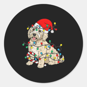 Sticker Rond Goldendoodle chien lumières de Noël Père Noël Xmas
