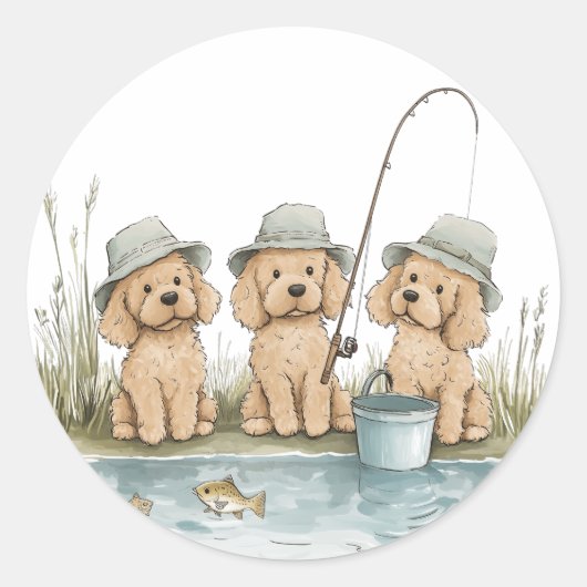 Sticker Rond Goldendoodle Chiens Pêche (Devant)