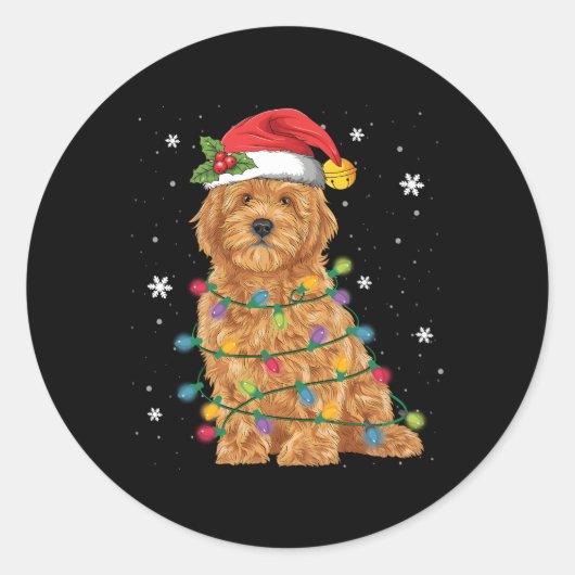 Sticker Rond Goldendoodle Père Noël Fairy Lights Pajama (Devant)