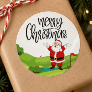 Sticker Rond Golf Joyeux Noël avec le Père Noël au drapeau